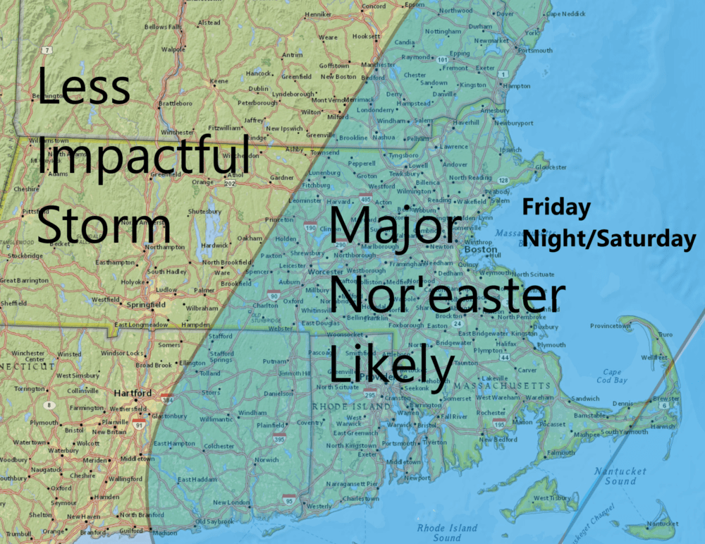 A foot or more of snow is possible within some portion of the shaded area Saturday and Saturday evening. (David Epstein for WBUR)