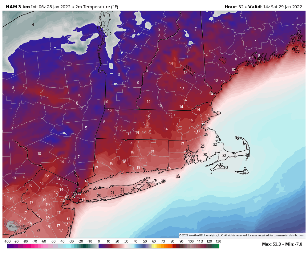 Cold air will be moving south toward Cape Cod during the storm Saturday. Notice temperatures in the teens in Boston and points north. (Courtesy WeatherBELL)