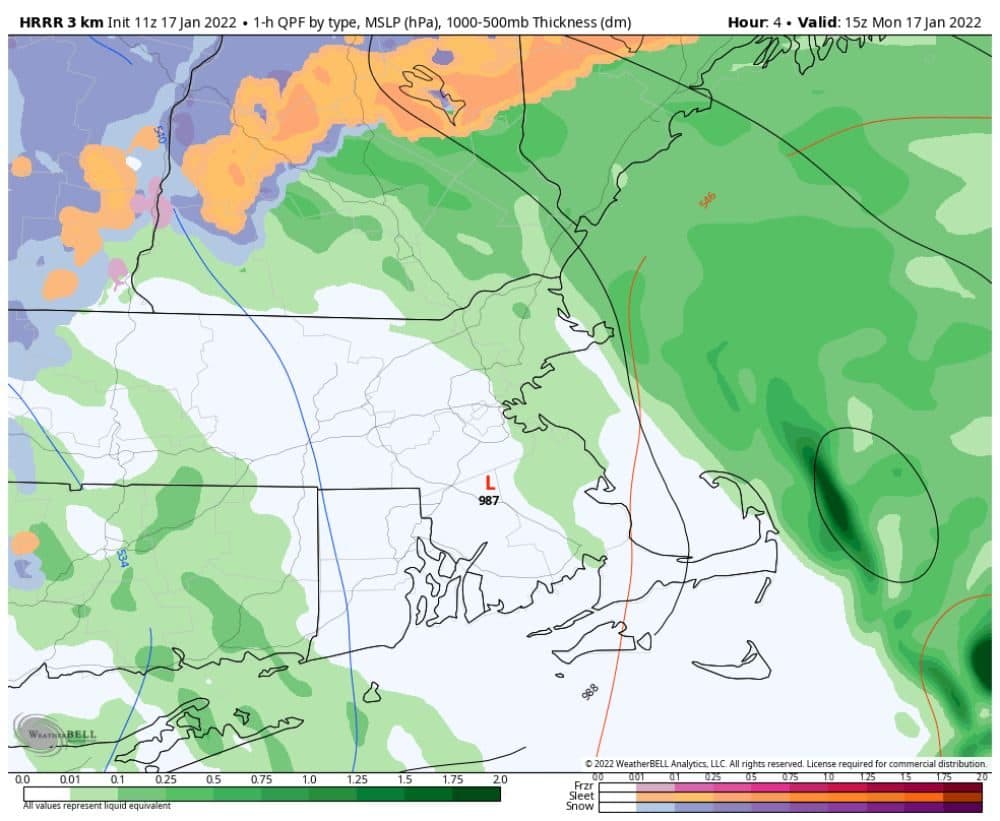 Rain will be mostly over by mid-morning on Monday. Then it will head up to New Hampshire and Maine. (Courtesy WeatherBELL)