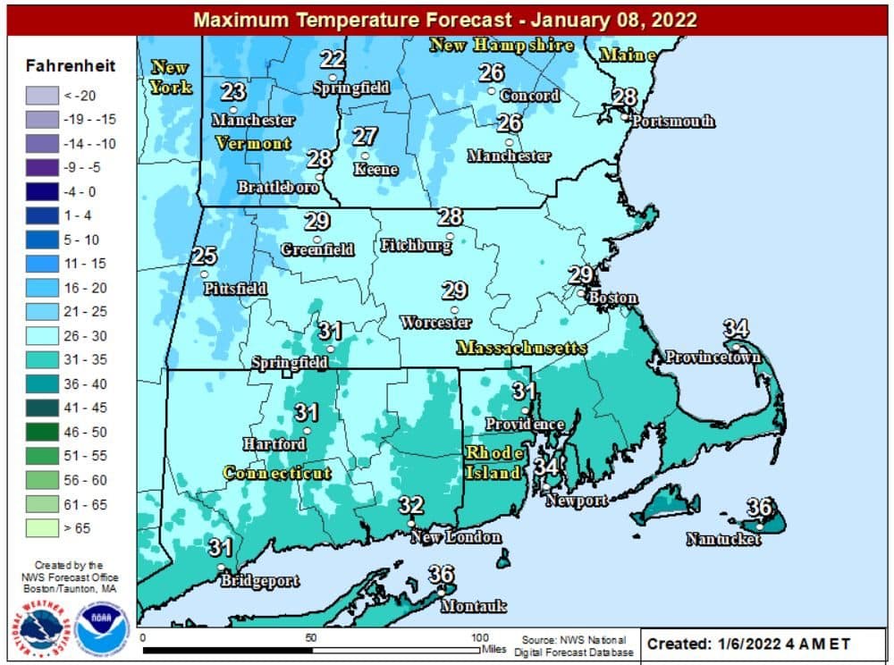 Highs on Saturday will stay mostly in the upper 20s with fresh snow cover. (Courtesy NOAA)