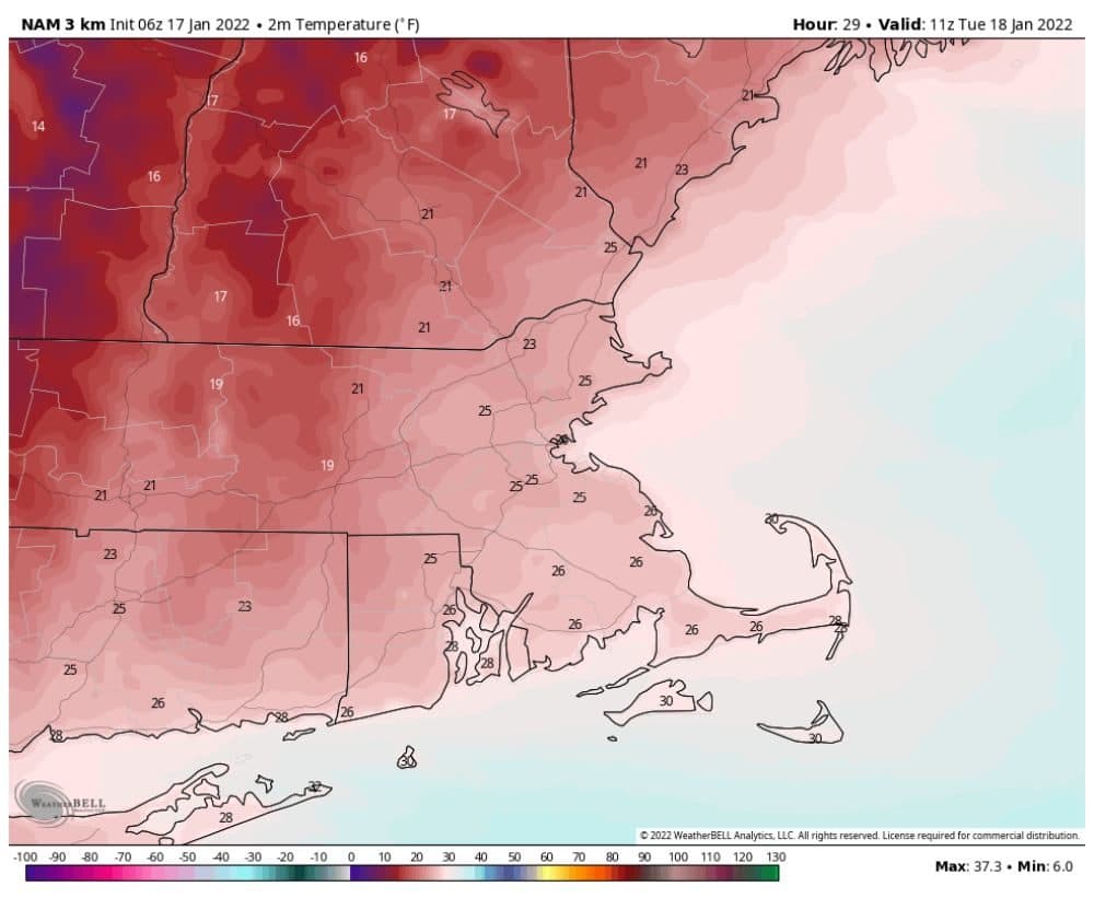 Temperatures at sunrise on Tuesday will be well below freezing. (Courtesy WeatherBELL)
