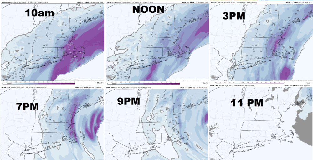 This composite shows how the snowstorm will likely progress throughout Saturday. (WeatherBELL Data)