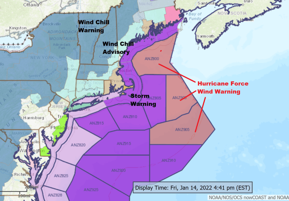 A large ocean storm has prompted several types of warnings and advisories for Friday night and Saturday. (NOAA)