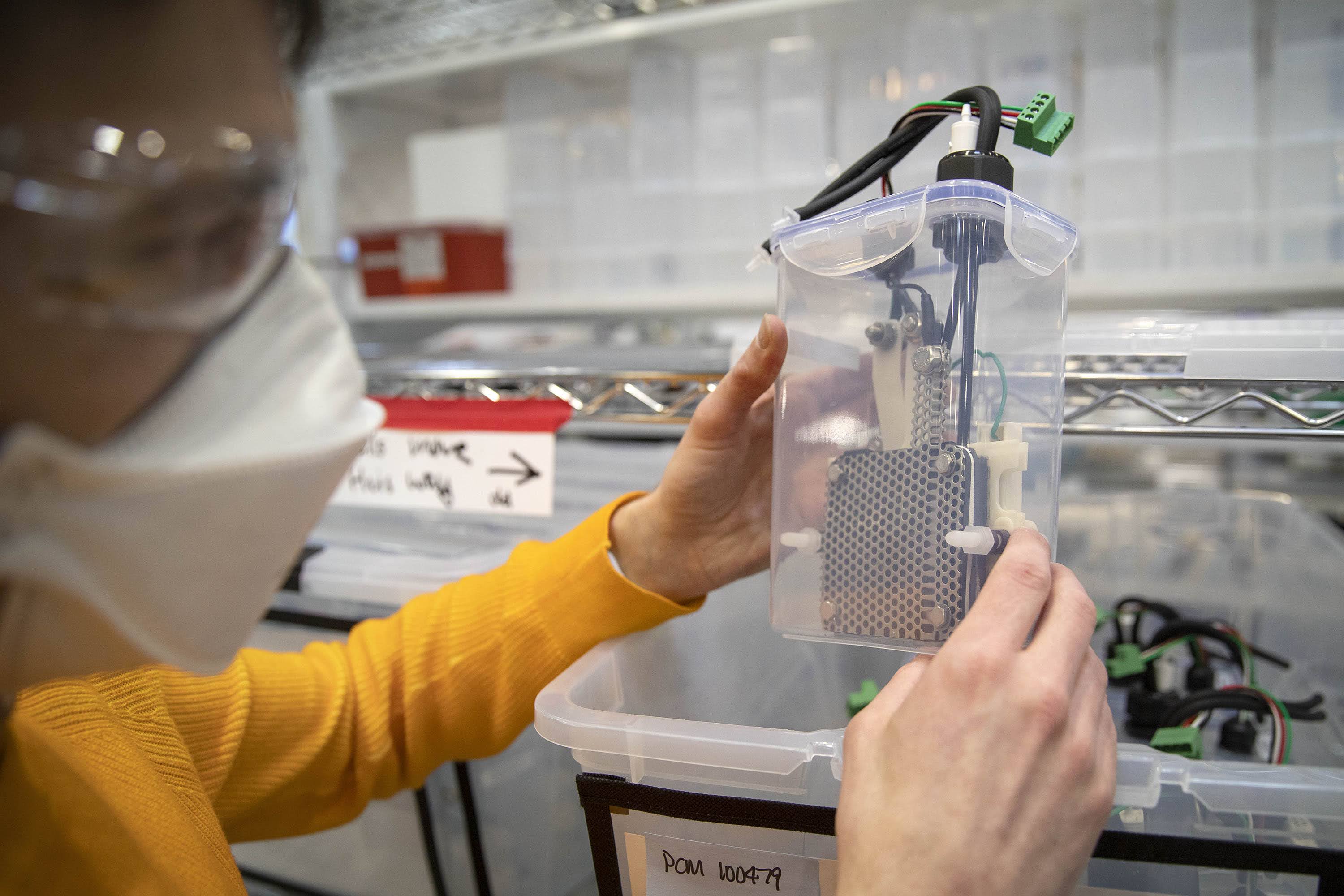 A subscale iron-air battery created for testing at Form Energy's facility in Somerville. (Robin Lubbock/WBUR)