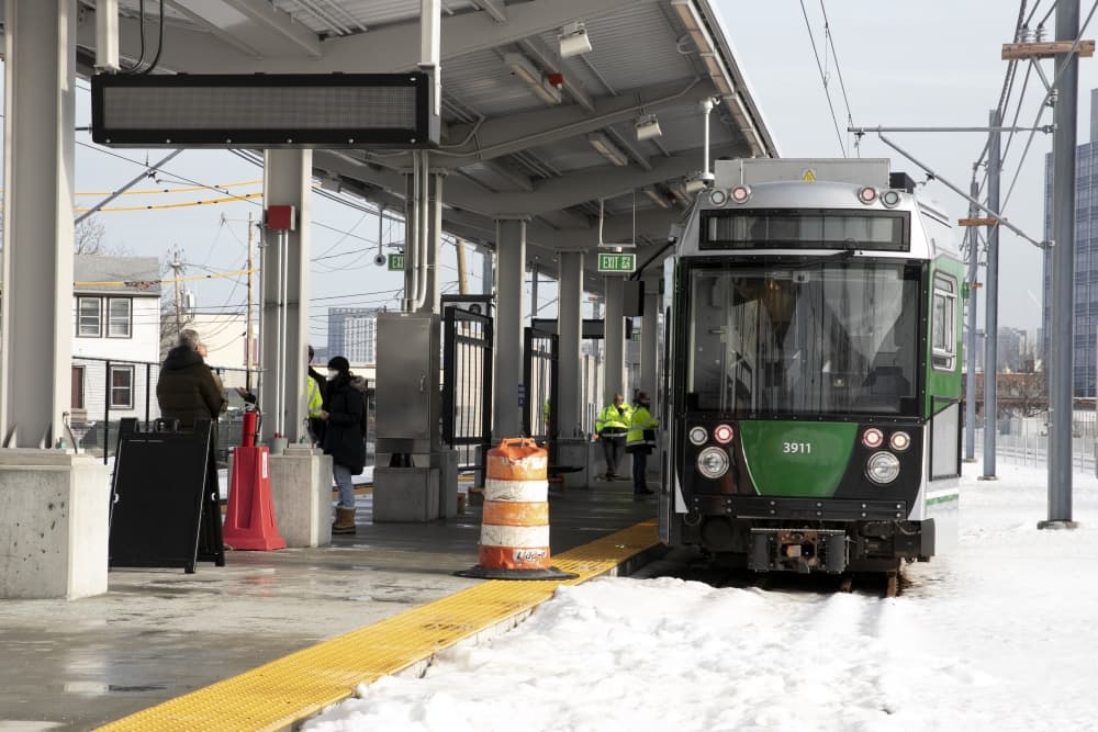 An MBTA Green Line train idles at the platform at a brand-new Union Square station in Somerville, which is set to open in March as the first leg of the Green Line Extension project. (Chris Lisinski/SHNS)
