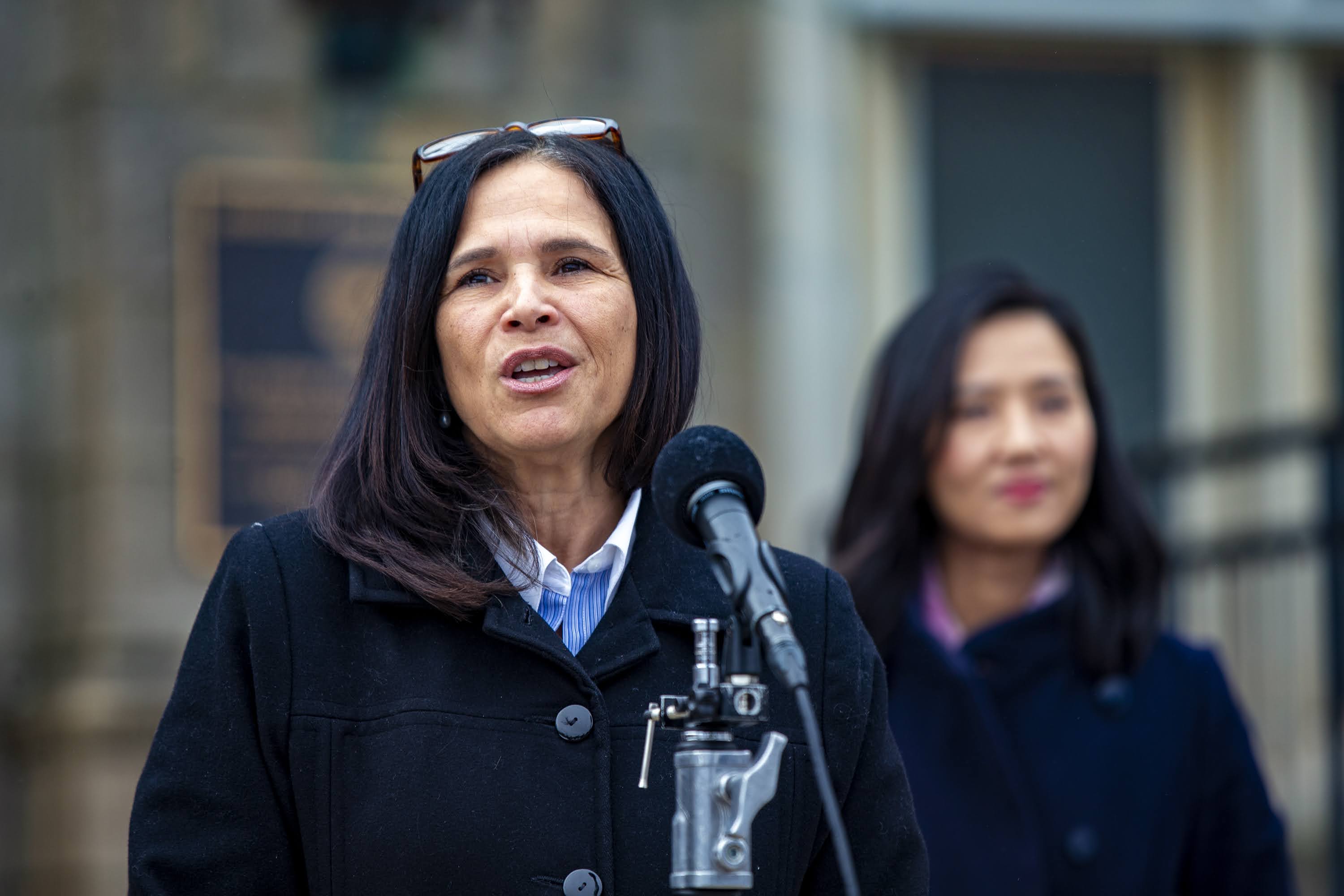Boston Public Schools Superintendent Brenda Cassellius addresses the news media about her decision to step down at the end of the school year during a press conference at Brighton High School. (Jesse Costa/WBUR)