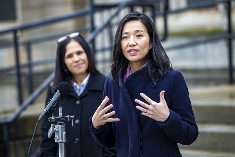 Mayor Michelle Wu speaks to the media during a press conference. (Jesse Costa/WBUR)