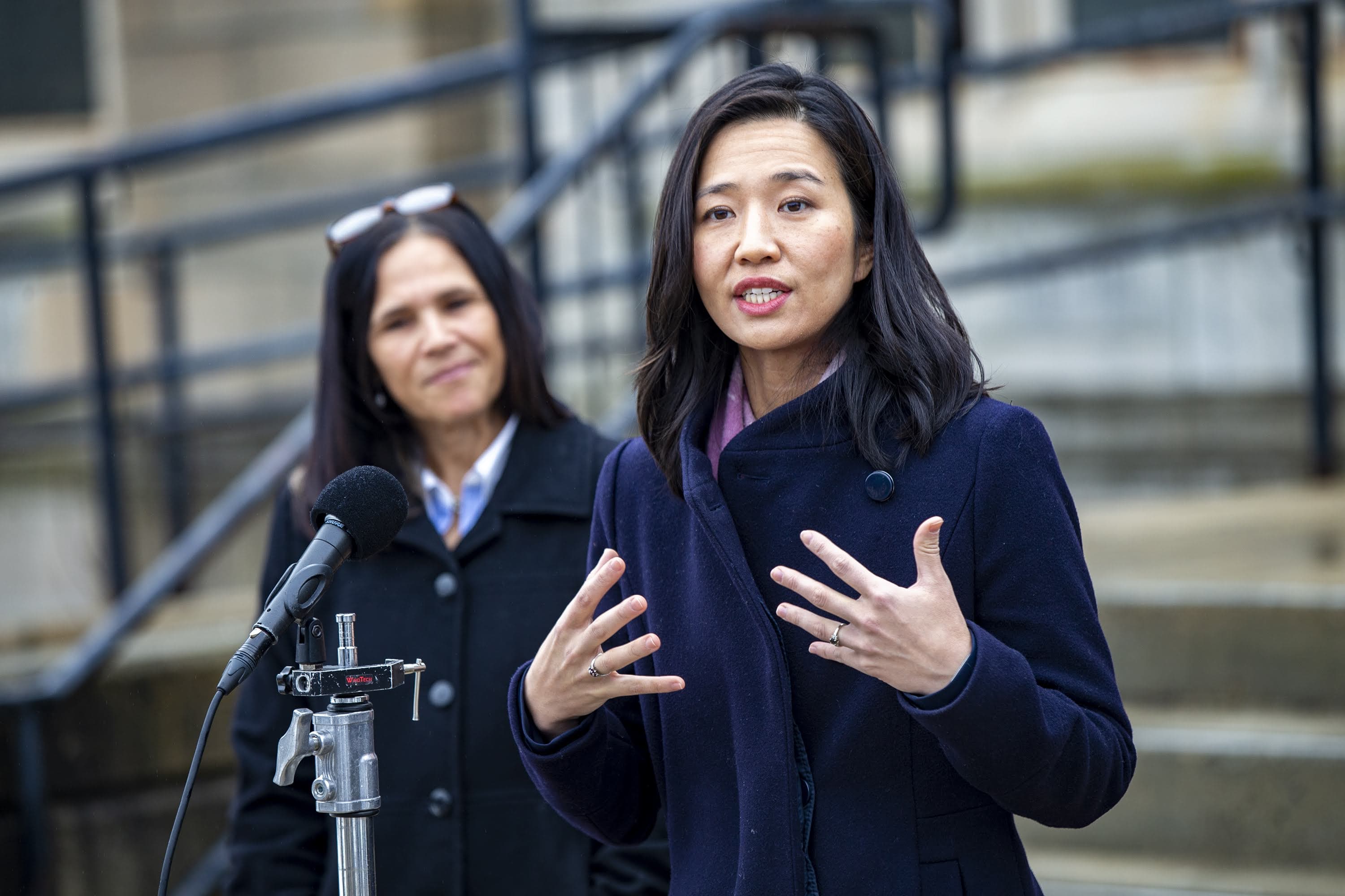 Mayor Michelle Wu speaks to the media during a press conference. (Jesse Costa/WBUR)