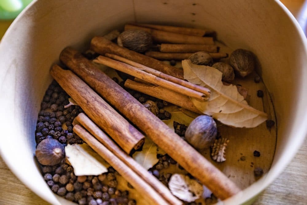 Common ingredients used in hot chocolate dating back to the Colonial period include cinnamon, nutmeg and allspice berries. (Jesse Costa/WBUR)