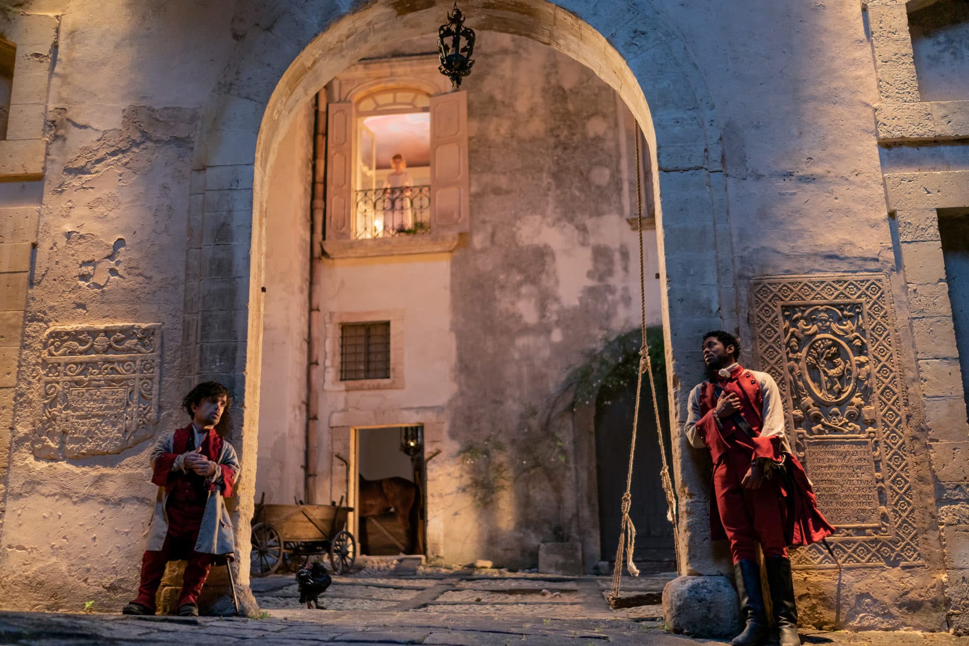 Peter Dinklage as Cyrano, Haley Bennett as Roxanne and Kelvin Harrison Jr. as Christian in director Joe Wright’s film &quot;Cyrano.&quot; (Courtesy Peter Mountain/Metro Goldwyn Mayer Pictures)