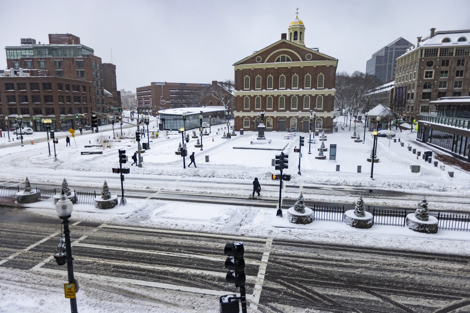 The scene at Faneuil Hall and Congress Street during the snowstorm. (Jesse Costa/WBUR)