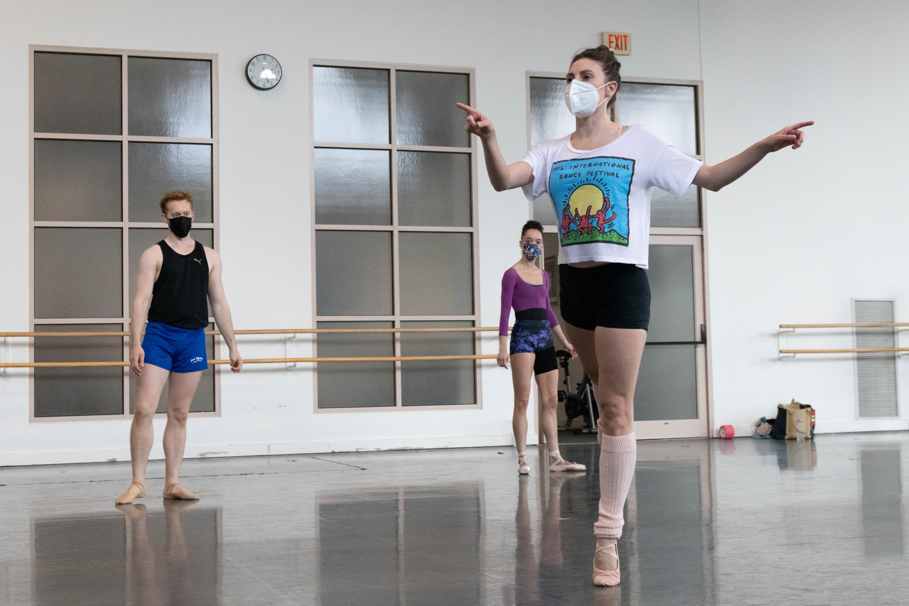 Tiler Peck (front), Patrick Yocum and Chyrstyn Fentroy in rehearsal for Peck's dance &quot;Point of Departure.&quot; (Courtesy Brooke Trisolini/Boston Ballet)