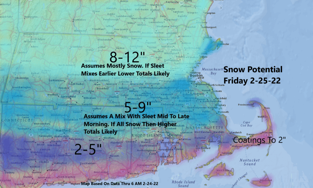 The total snowfall will be lower in areas with mixing of snow and sleet. (Courtesy NOAA)