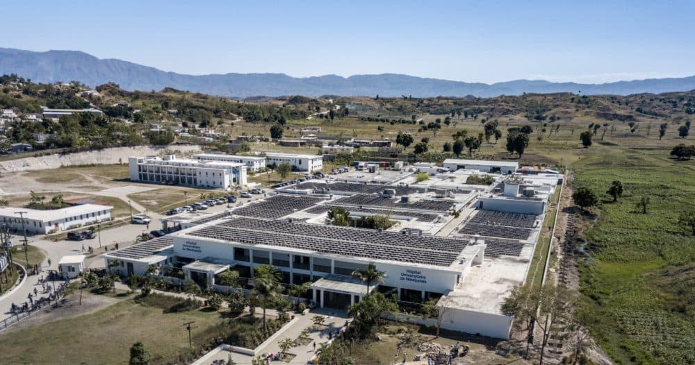 Aerial views of Hôpital Universitaire de Mirebalais, Mirebalais, Haiti, March 12, 2018. (Courtesy of Partners In Health)
