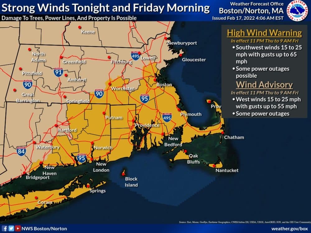 A high wind warning is posted for Greater Boston overnight. (Courtesy NOAA)