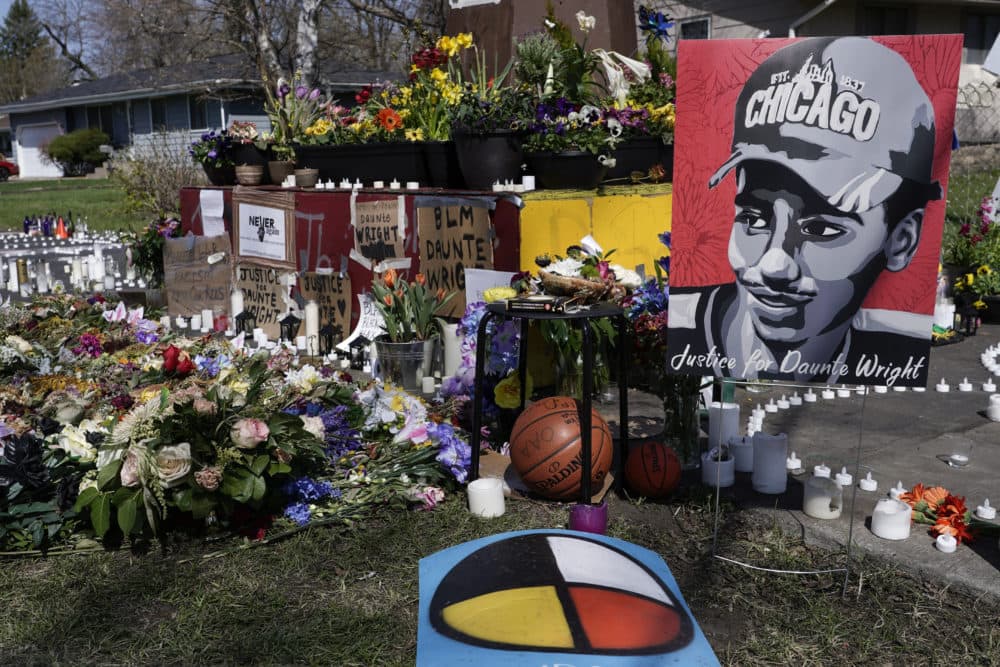 A makeshift memorial is seen Thursday, April 22, 2021, in Brooklyn Center, Minn., near the site of the fatal shooting of Daunte Wright by a police officer during a traffic stop. (Morry Gash/AP)