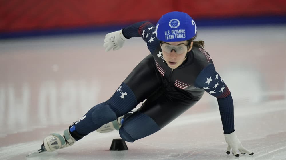 Julie Letai competes in the women's 500-meter quarterfinals during the U.S. Olympic short track speedskating trials Dec. 19, 2021, in Utah. (Rick Bowmer/AP)