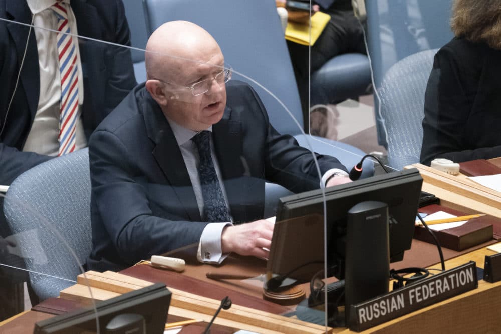 Vasily Nebenzya, Russian ambassador to the United Nations, speaks during a meeting of the security council, Monday, Feb. 28, 2022, at United Nations headquarters. (John Minchillo/AP)