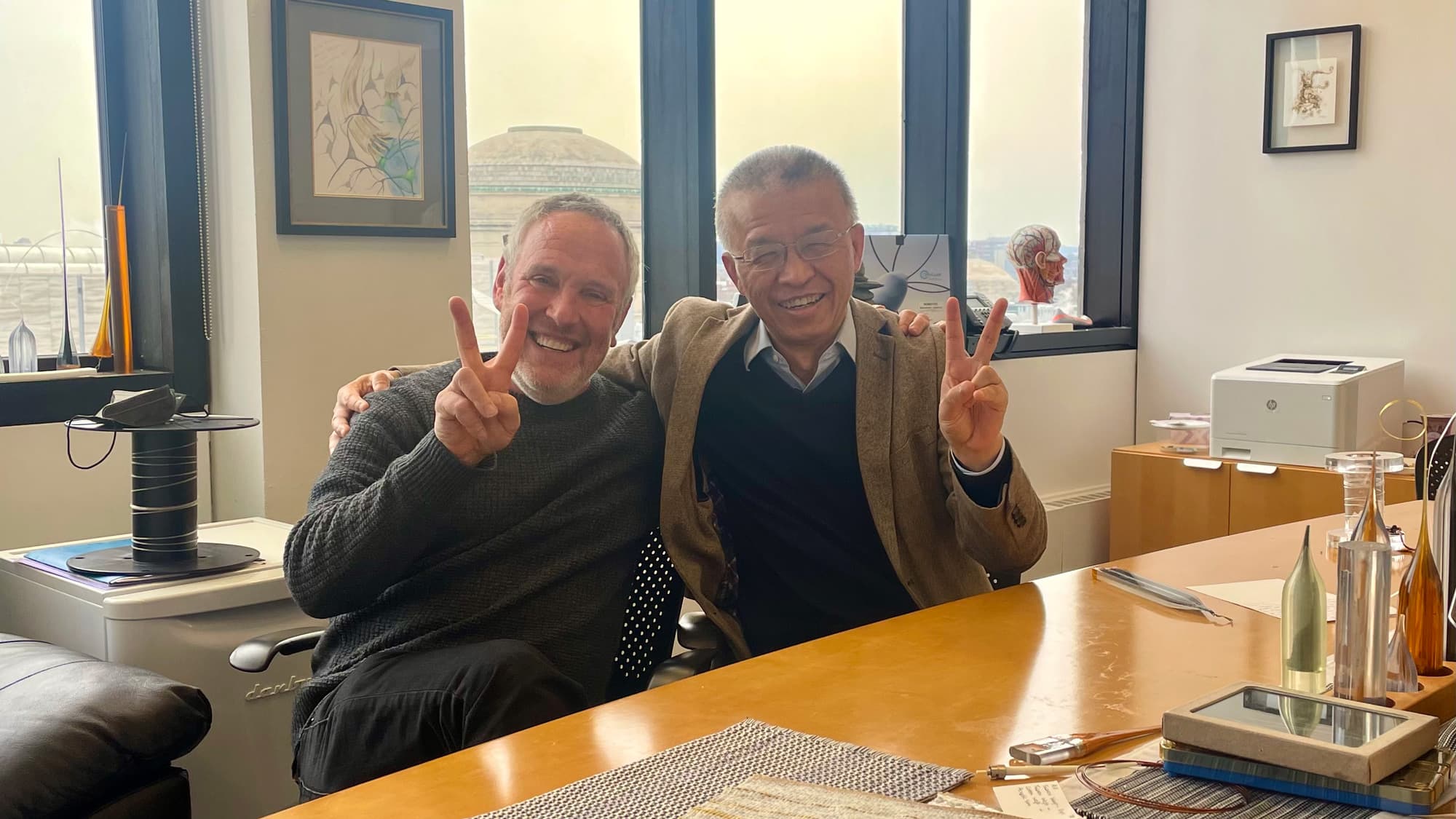 Yoel Fink and Gang Chen meet at M.I.T. for the first time after the case against Chen was dismissed. (Courtesy Yoel Fink)