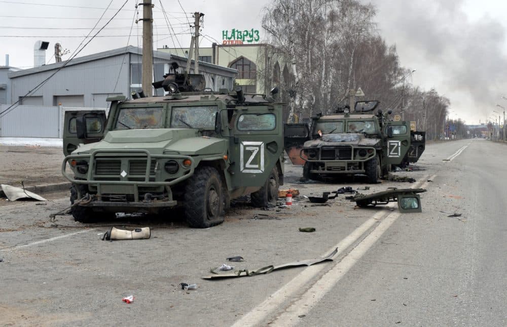 This picture shows Russian infantry mobility vehicles GAZ Tigr destroyed as a result of fight in Kharkiv, located some 50 km from Ukrainian-Russian border, on Feb. 28, 2022. (Sergey Bobok/AFP via Getty Images)