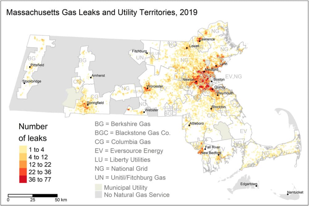 Massachusetts gas leaks and utility territories, 2019. Courtesy Marcos Luna and Dominic Nichols, in Energy Policy