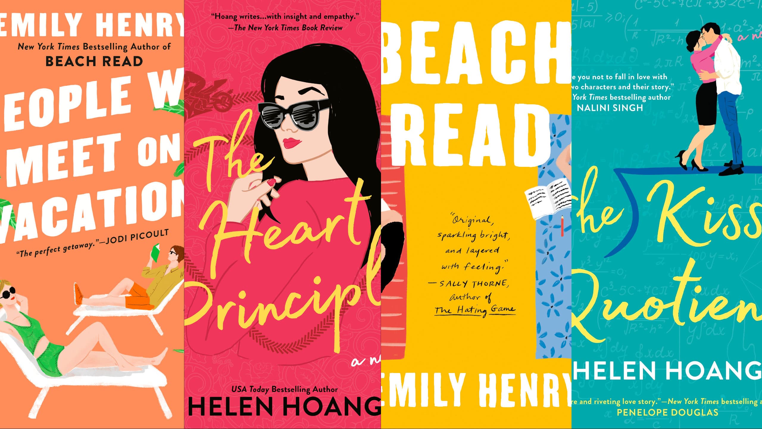Left to right: "People We Meet On Vacation" by Emily Henry; "The Heart Principle" by Helen Hoang; "Beach Read" by Emily Henry; "The Kiss Quotient" by Helen Hoang. (Courtesy)