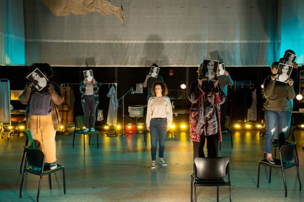 The cast of &quot;People, Places &amp; Things&quot; holding paper faces of Emma (Marianna Bassham). (Courtesy Nile Scott Studios)