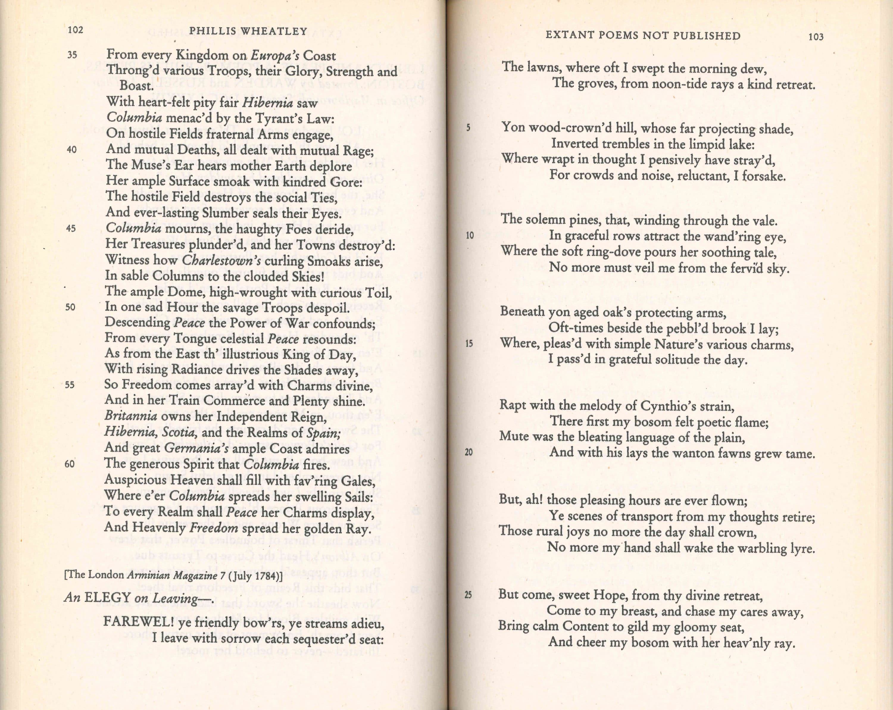 Weathered page of a book of poetry by Phillis Wheatly