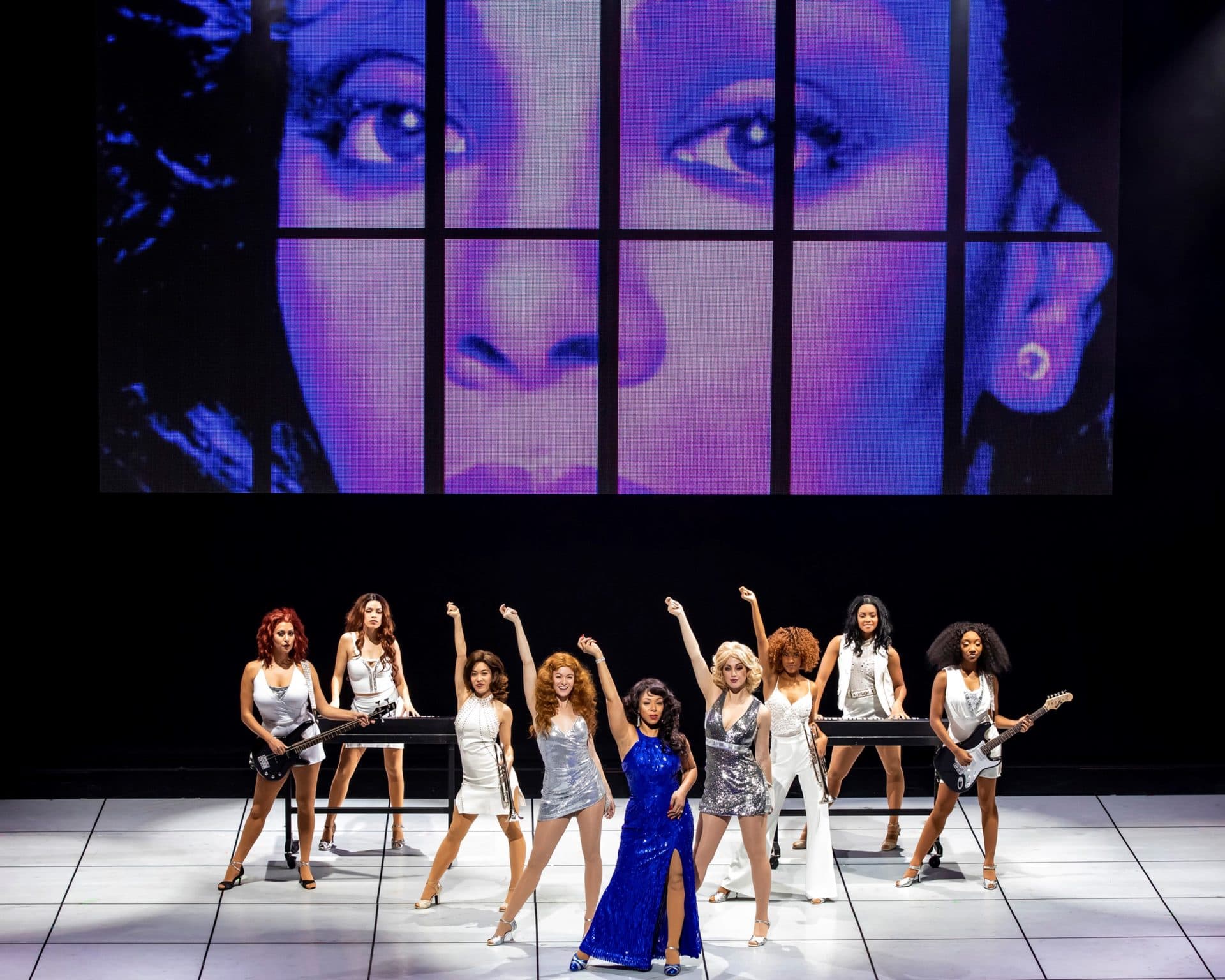 Brittny Smith (“Diva Donna”) and the female ensemble of “Summer: The Donna Summer Musical.” (Denise Trupe/Broadway Booking Office)