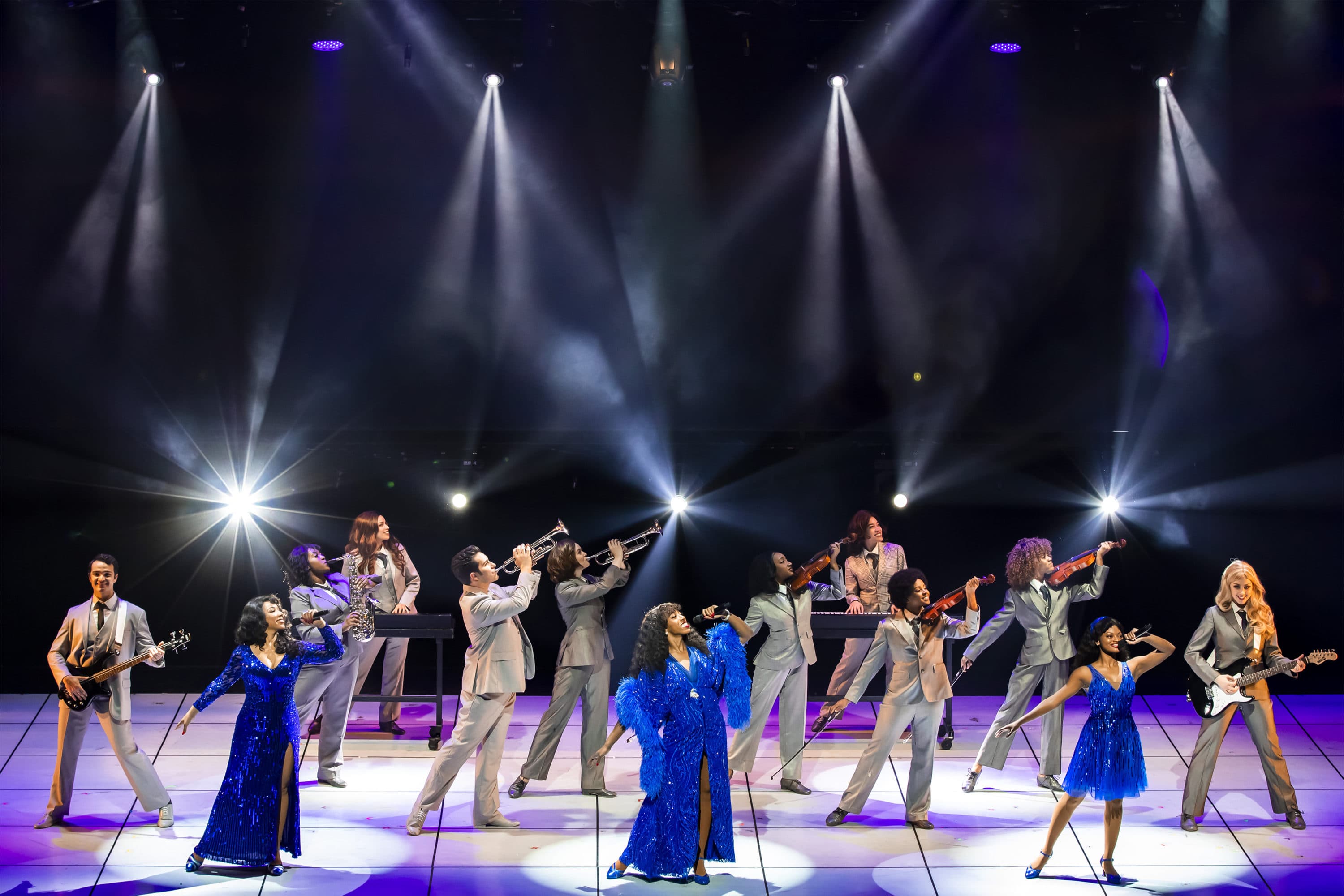 Brittny Smith (“Diva Donna”), Charis Gullage (“Disco Donna”), Amahri Edwards-Jones (“Duckling Donna”) and the ensemble of “Summer: The Donna Summer Musical.” (Denise Trupe/Broadway Booking Office)