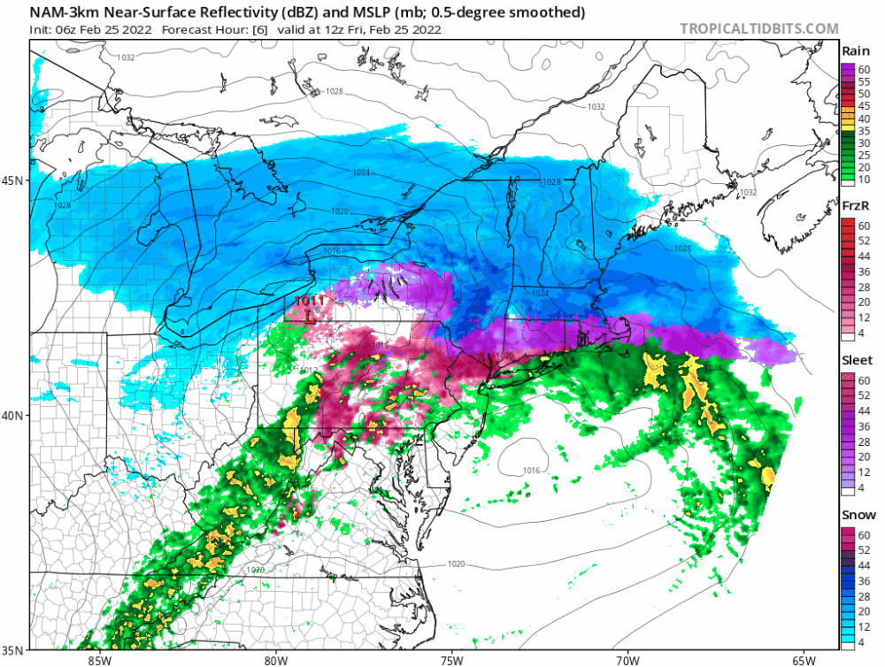Snow in blue will mix with sleet in purple before changing back to snow and ending Friday evening. (Courtesy TropicalTidbits)