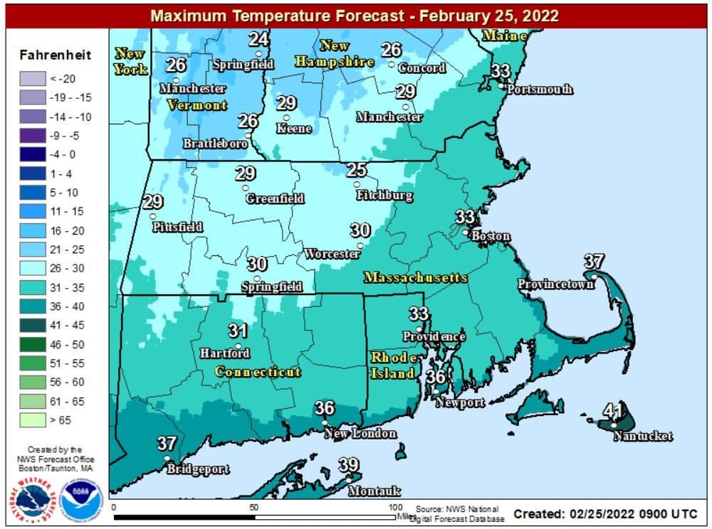 High temperatures on Friday will be just above freezing over eastern Massachusetts. (Courtesy NOAA)