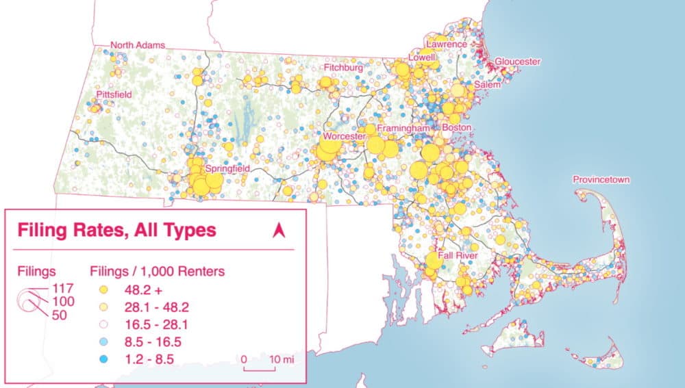 Communities in central and southeastern Massachusetts saw the highest rates of eviction cases filed in the first year after elected officials allowed a statewide moratorium to expire, according to a new Homes For All Massachusetts report. (Courtesy)