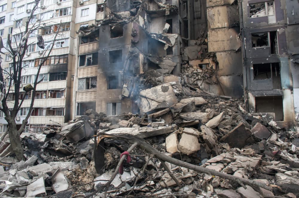 An apartment building is seen damaged after shelling in Kharkiv, Ukraine, Tuesday, March 8, 2022. (Andrew Marienko/AP)