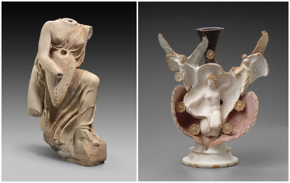Left: &quot;Leda and the Swan,&quot; about 410‑370 B.C. Right: Oil flask (lekythos) in the form of Aphrodite first half of 4th century B.C. (Courtesy Museum of Fine Arts, Boston)