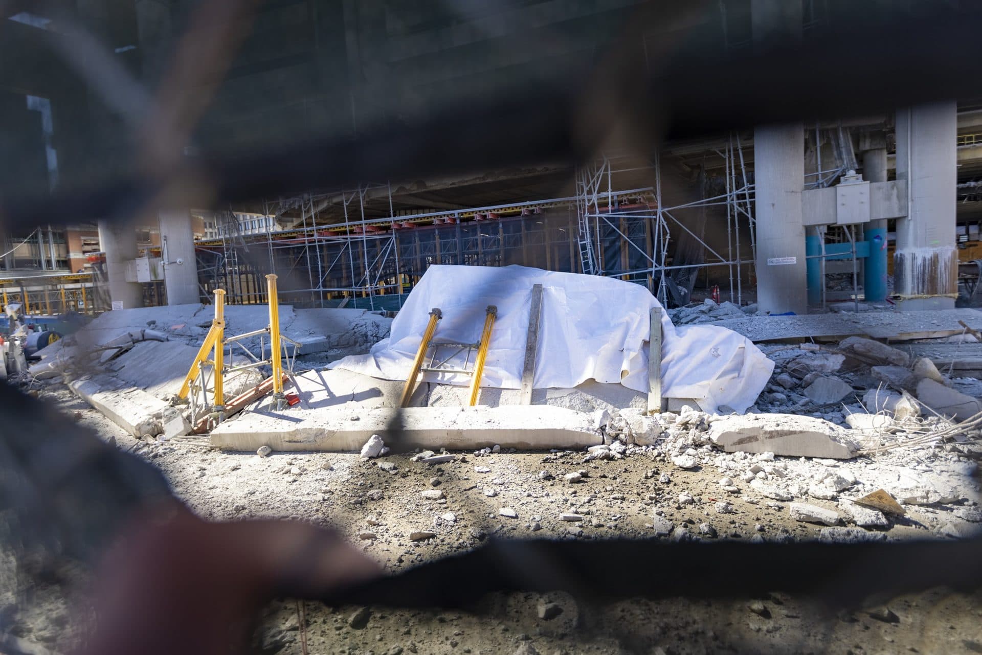 Pieces of fallen debris at the site of the fatal Government Center Garage collapse. (Jesse Costa/WBUR)