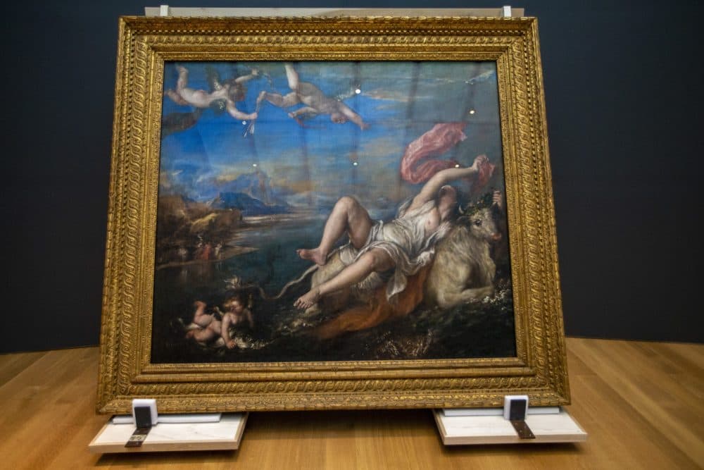 Installers move Titian’s &quot;The Rape of Europa.&quot; (Jesse Costa/WBUR)