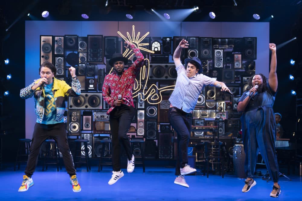 Left to right: Chris Sullivan, Wayne Brady, Anthony Veneziale, Aneesa Folds, and Kurt Crowley (on keyboard) in &quot;Freestyle Love Supreme&quot; at the Booth Theatre. (Courtesy Joan Marcus)