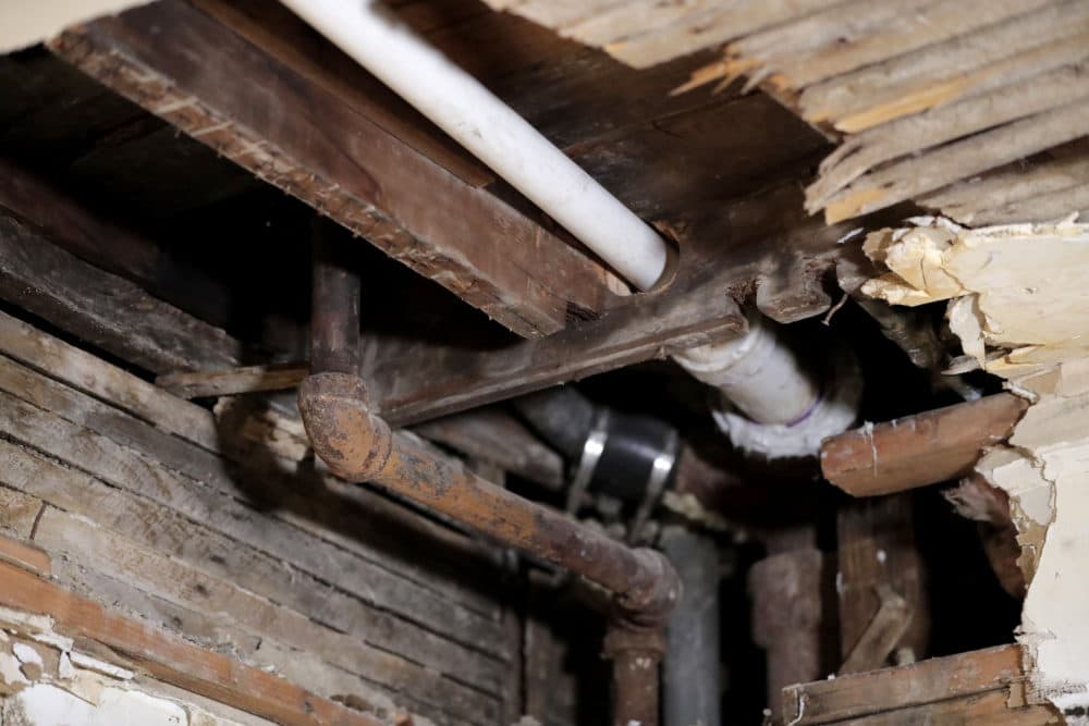 A lead pipe is seen in a hole a kitchen ceiling in Newark, New Jersey. (Julio Cortez/AP)