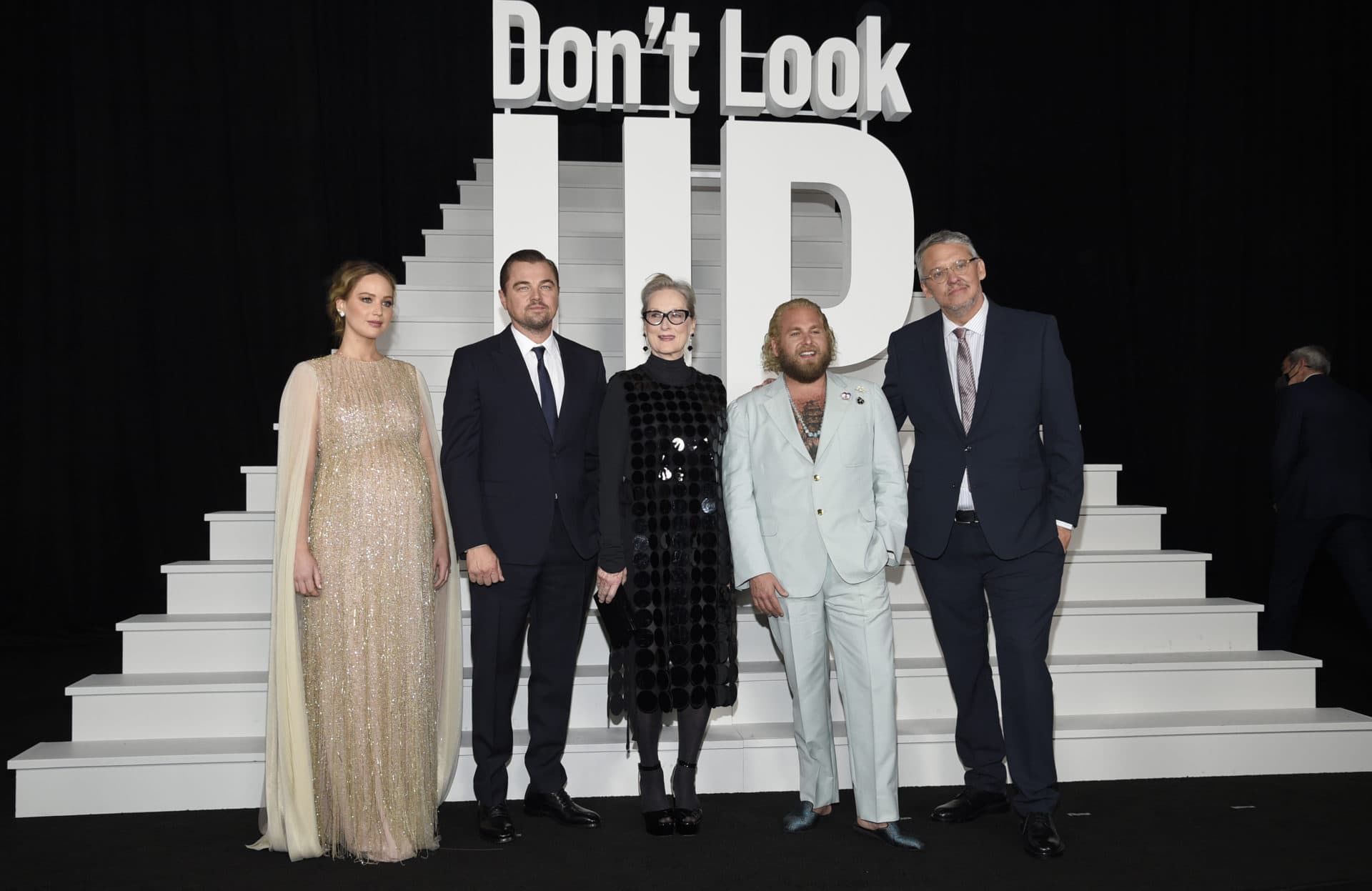 Jennifer Lawrence, from left, Leonardo DiCaprio, Meryl Streep, Jonah Hill, and writer/director Adam McKay attend the world premiere of "Don't Look Up" at Jazz at Lincoln Center on Sunday, Dec. 5, 2021, in New York. (Evan Agostini/Invision/AP)