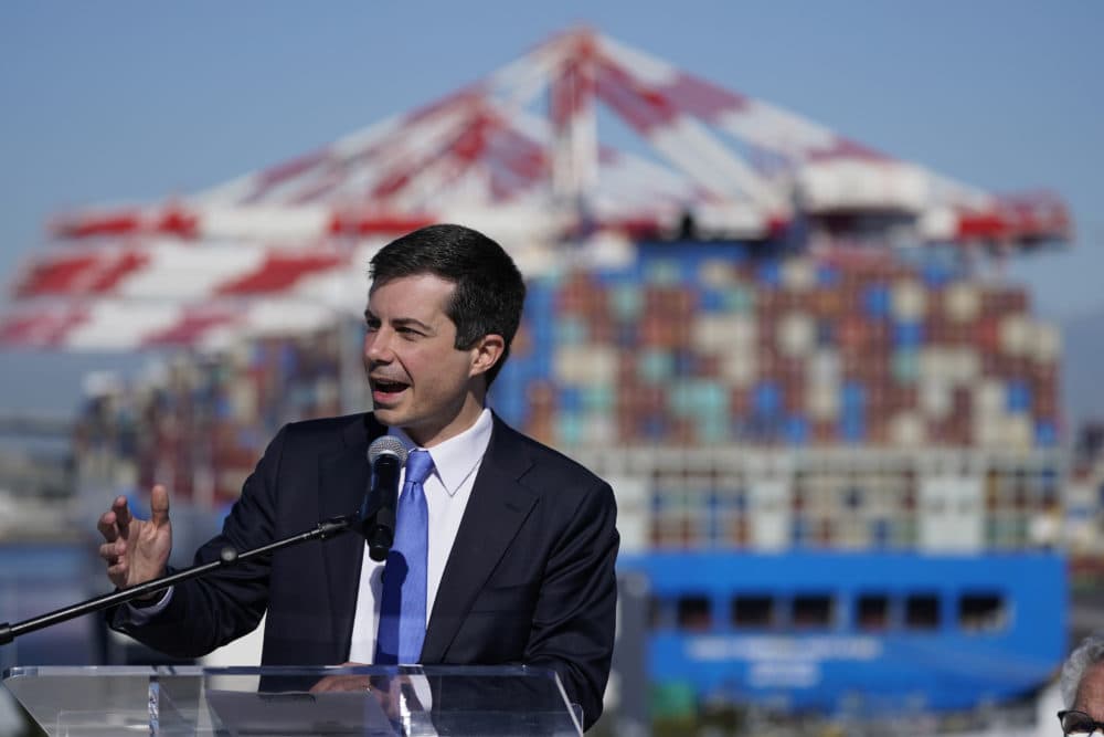 U.S. Transportation Sec. Pete Buttigieg speaks during a news conference to discuss the supply chain issues at the Port of Long Beach in Long Beach, Calif., on Jan. 11, 2022. (Jae C. Hong/AP)
