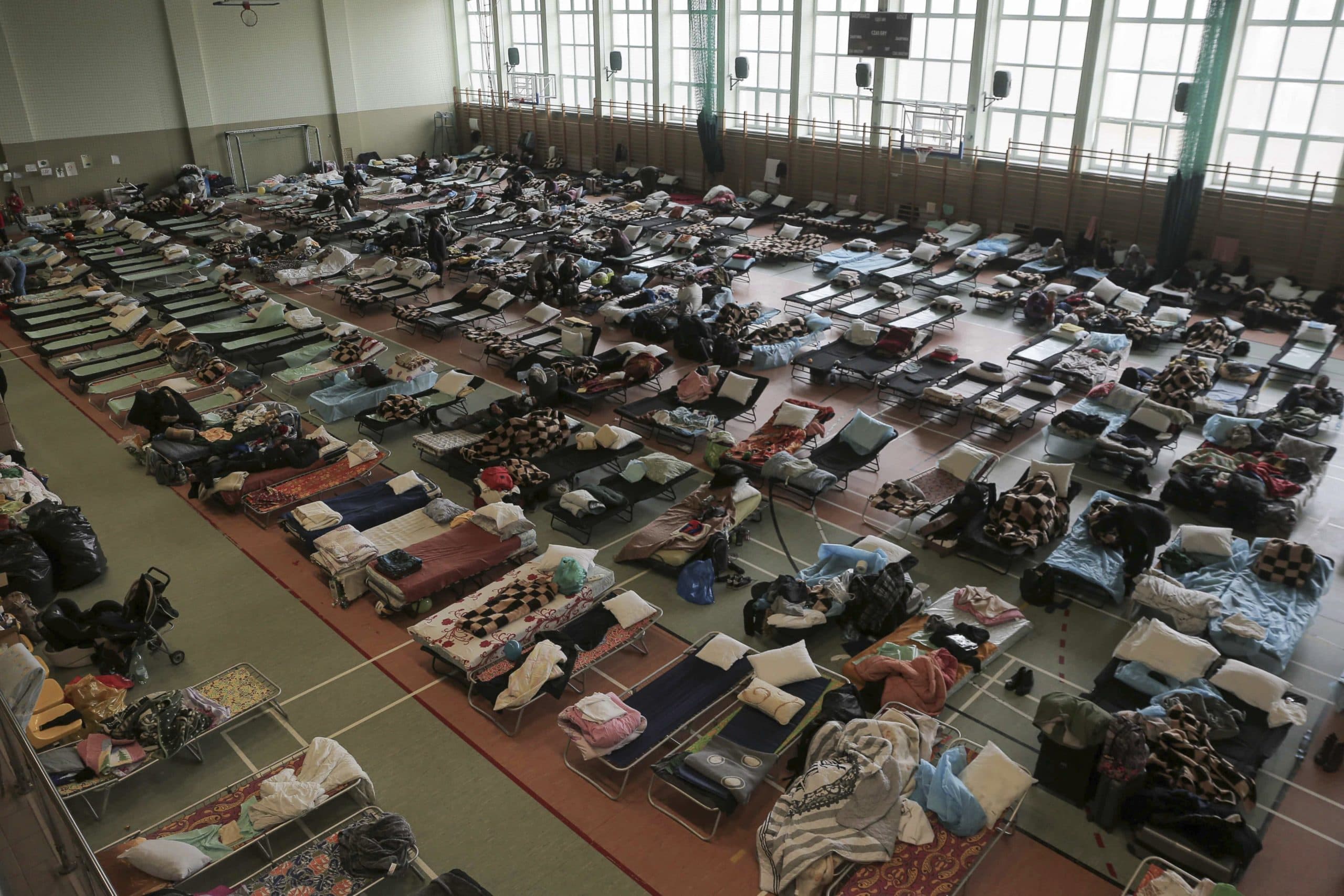 A view of the interior of a refugee shelter in Poland housing Ukrainian families.