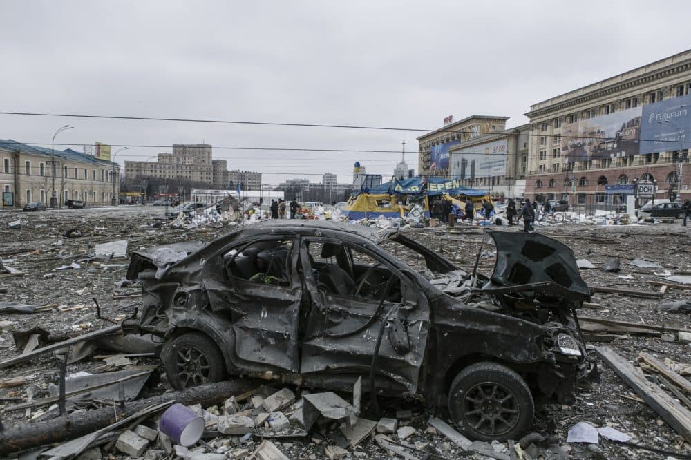 A view of the central square following shelling of the City Hall building in Kharkiv, Ukraine, Tuesday, March 1, 2022. (Pavel Dorogoy/AP)