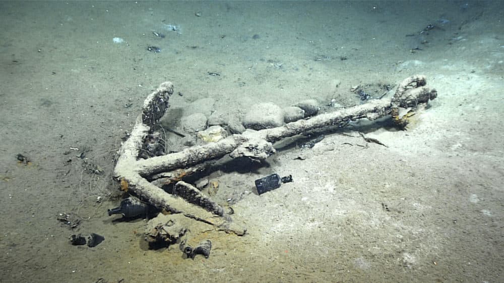 The two-masted brig Industry went down in 1836 about 70 miles from the mouth of the Mississippi River. An anchor and bottles believed to date to the early 1800s are visible. (NOAA Ocean Exploration via AP)