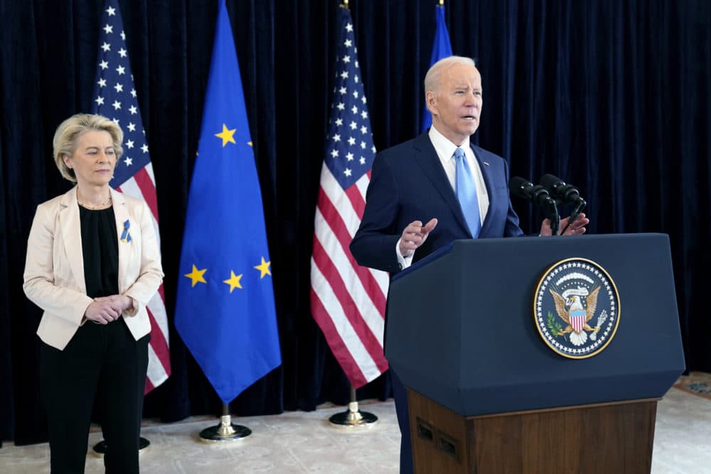 President Joe Biden and European Commission President Ursula von der Leyen talk to the press about the Russian invasion of Ukraine, at the U.S. Mission in Brussels, Friday, March 25, 2022, in Brussels. (Evan Vucci/AP)
