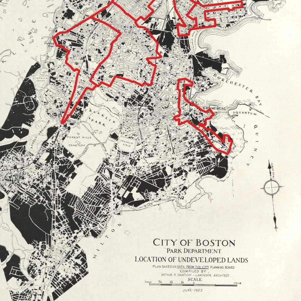 Location of Undeveloped Lands With Boundaries From Residential Security Map of Boston, Massachusetts. Arthur A. Shurtleff; City of Boston Park Department; Home Owners' Loan Corporation; Leventhal Map &amp; Education Center. 1925, 1938, and 2022. (Courtesy of Leventhal Map &amp; Education Center)