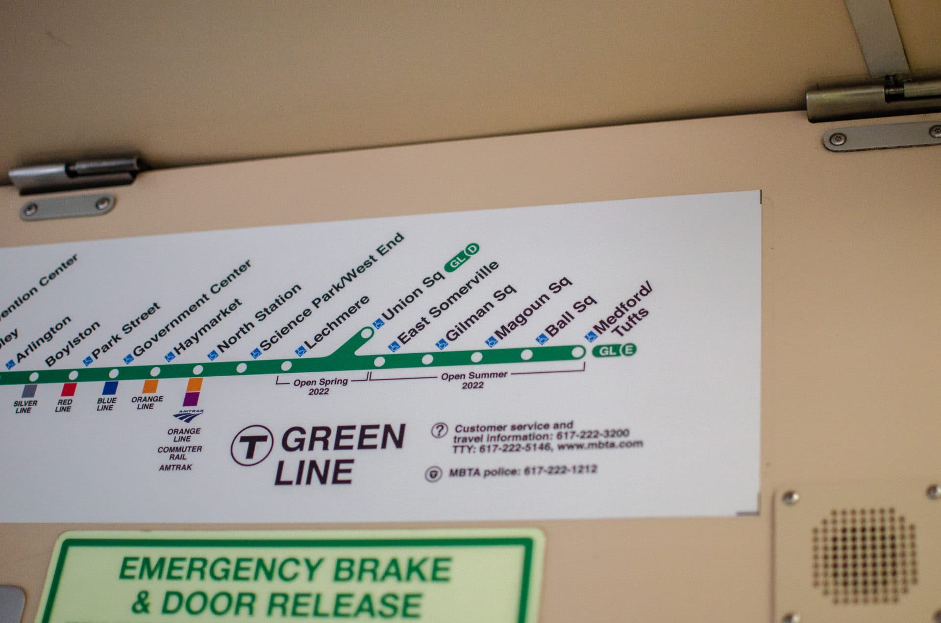 The updated MBTA Green Line route sign including the stops on the Green Line extension, in a trolley making a test ride between Lechmere and Union Square. (Sharon Brody/WBUR)