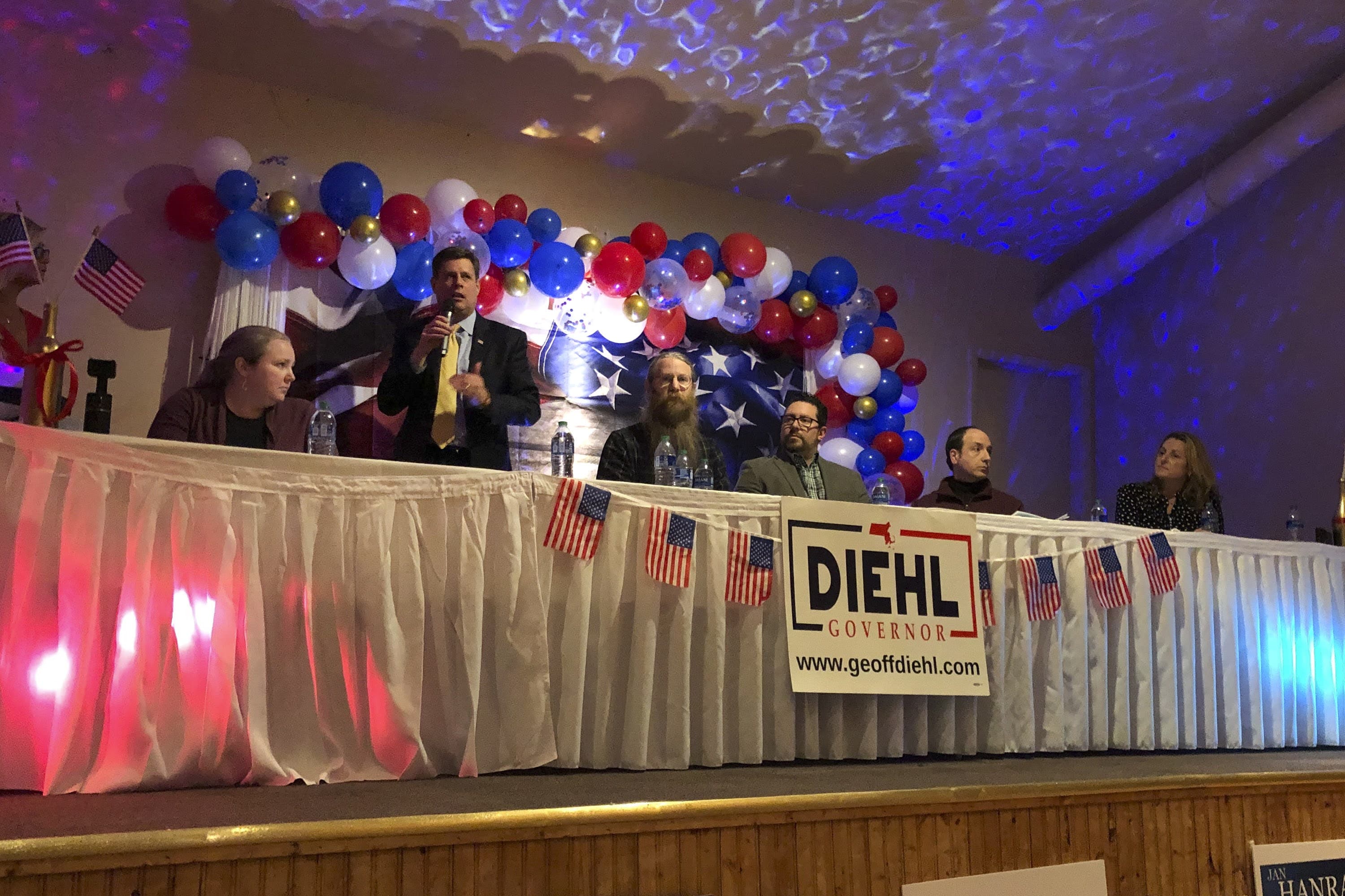 Republican gubernatorial candidate Geoff Diehl at a forum on public schools for Republican candidates and voters, Auburn, Jan. 13, 2022. (Wilder Fleming/WBUR)