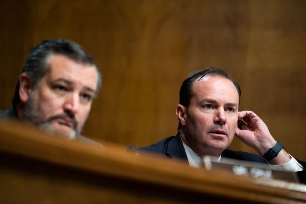 Sens. Mike Lee, R-Utah, right, and Ted Cruz, R-Texas, attend a Senate Judiciary Committee confirmation hearing in Dirksen Building on Wednesday, February 16, 2022. (Tom Williams/CQ-Roll Call, Inc via Getty Images)