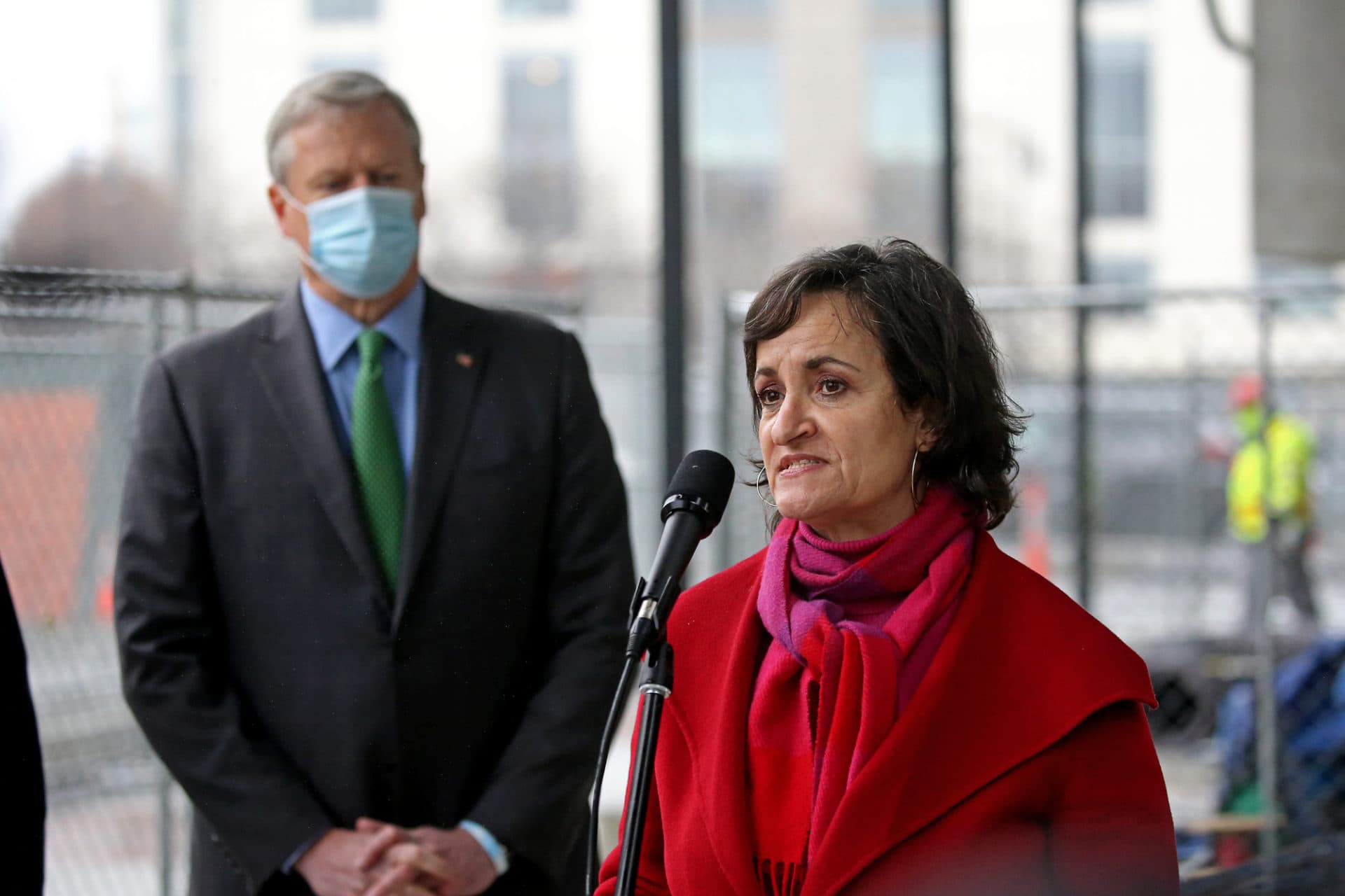 Katjana Ballantyne speaks to the media after Gov. Baker rode a test run of the new MBTA Green Line Extension into Somerville on Dec. 30, 2021. (Stuart Cahill/Boston Herald via Getty Images)